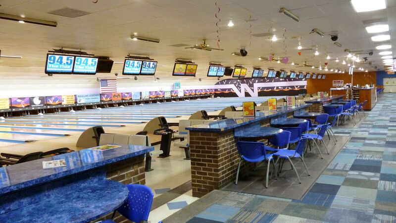 Bowling Lanes and eating tables behind